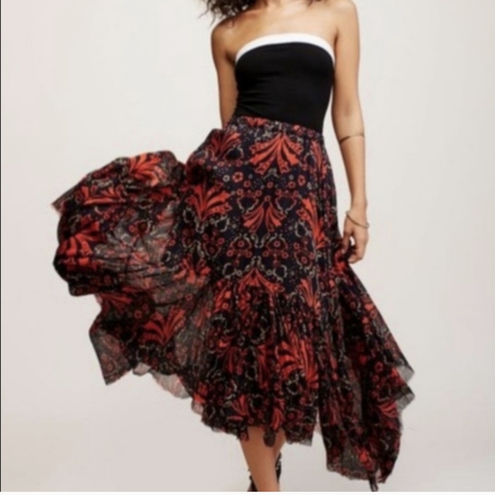 Free People Tattered Handkerchief Asymmetric Print Skirt S Black Red Orange